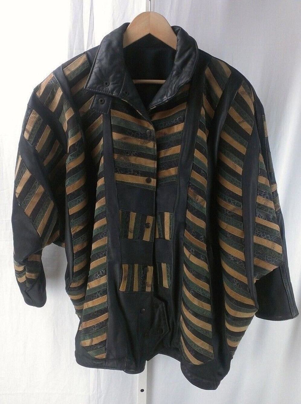 Vintage Semiramis Fashion Multicolor Black Brown Green Tan Leather Coat sz L